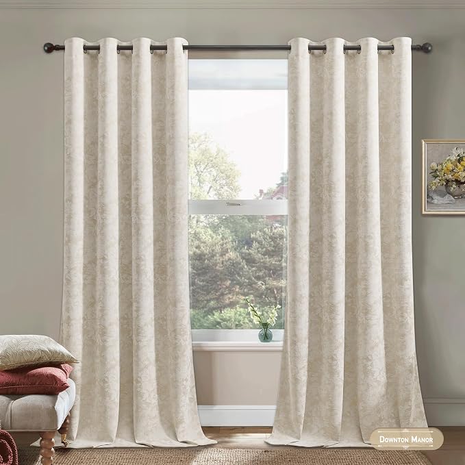 Beauoop Beige Floral Jacquard Blackout Curtains for Bedroom 52x90 2 Panels | Flower Chenille Room Darkening Drapes for Living Room 90 Inch Long Thermal Insulated Soundproof Window treatment Grommet