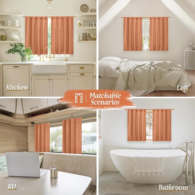 LAMIT Short Linen Curtains 45 Inches Long for Cafe 2 Panels, Terracotta Light Filtering Privacy Panels Rod Pocket Neutral Fall Decor Drapes for Bedroom/Window/Loft Room, 42 x 45 Inch