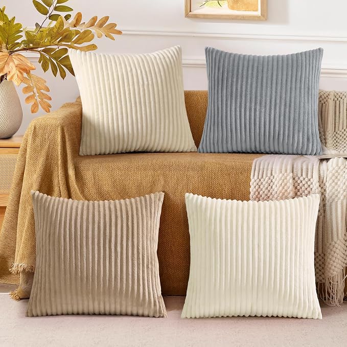 decorUhome Flannel Beige White Throw Pillow Covers 18X18 Set of 4 | Decorative Fall Soft Fluffy Striped Double-Sided Couch Pillow Covers, Modern Farmhouse Pillow Cases for Sofa bed Home Decor
