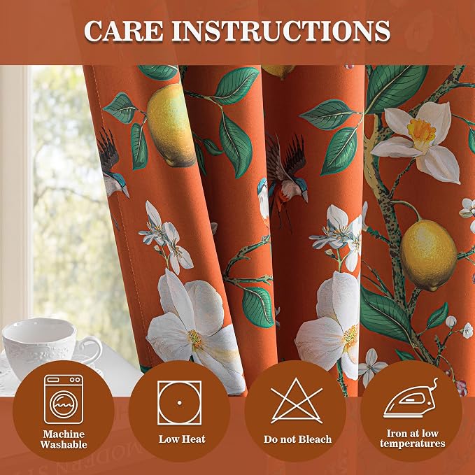 MYSKY HOME Floral Blackout Curtains Panels 84 inches Room Darkening Grommet Vintage Curtains & Drapes with Flower Lemon Hummingbird Patterned for Bedroom Nursery Kids Room, Pack-2, 52", Burnt Orange