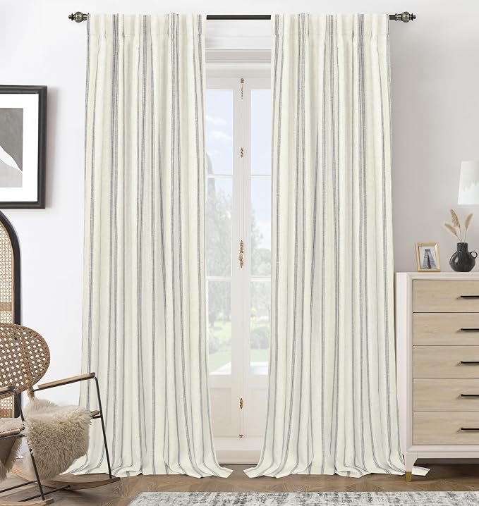 DriftAway Farmhouse Stripe Blackout Curtains, W52xL108, Gray | Blackout, Linen Texture, Stripe Pattern, Rod Pocket & Back Tab, Two Layers, Bedroom Living Room Use, Sound Reducing Design