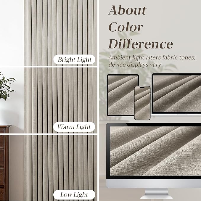 Grey Beige Pleated Linen Curtains 105 Inch Length 2 Panels Set Semi Sheer Light Filtering Tan Brown Window Drapes for Living Room Modern Viral Pinch Pleated Curtains 105 Inches with Hooks Rings Clips