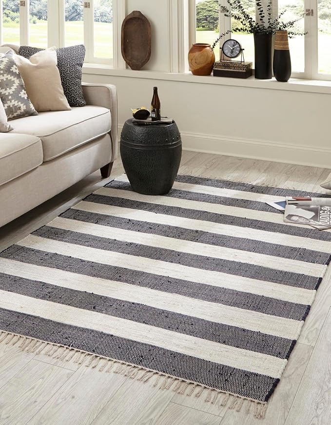 Unique Loom Chindi Rag Collection Area Rug - Striped (7' 10" x 11' Rectangle, Navy Blue/ Ivory)
