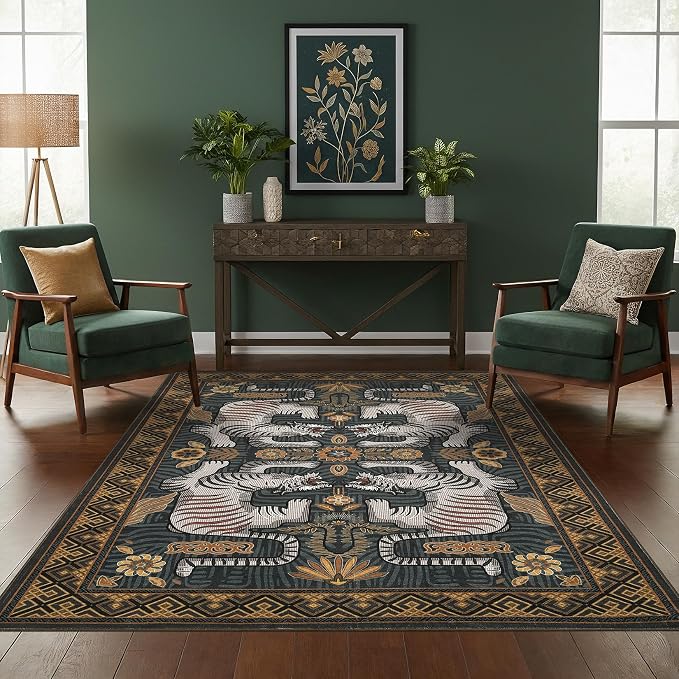 GarveeHome Tiger Print 6x9 Area Rugs, Boho Blue Washable Rugs for Living Room, Vintage Tribal Soft Animal Throw Rug Non Slip Ultra Thin Stain Resistant Floor Carpet for Bedroom Dining Room