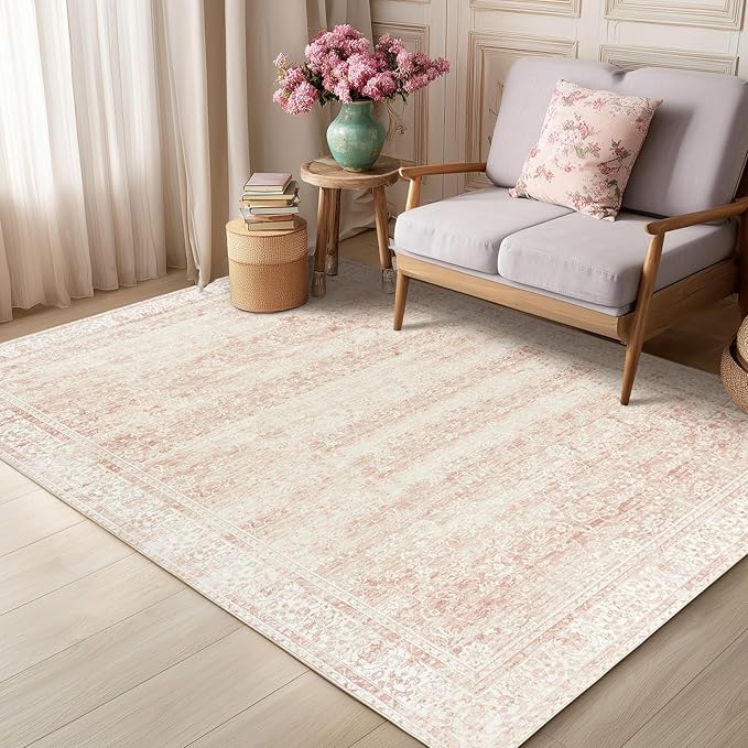 BILEEHOME Light Pink Nursery Rug for Baby Girl Neutral Blush Pink Boho Floral Pattern Carpet 5 x 8 Washable Non Slip Low Pile Soft Surface Area Rugs for Living Room Bedroom Playroom,5x8