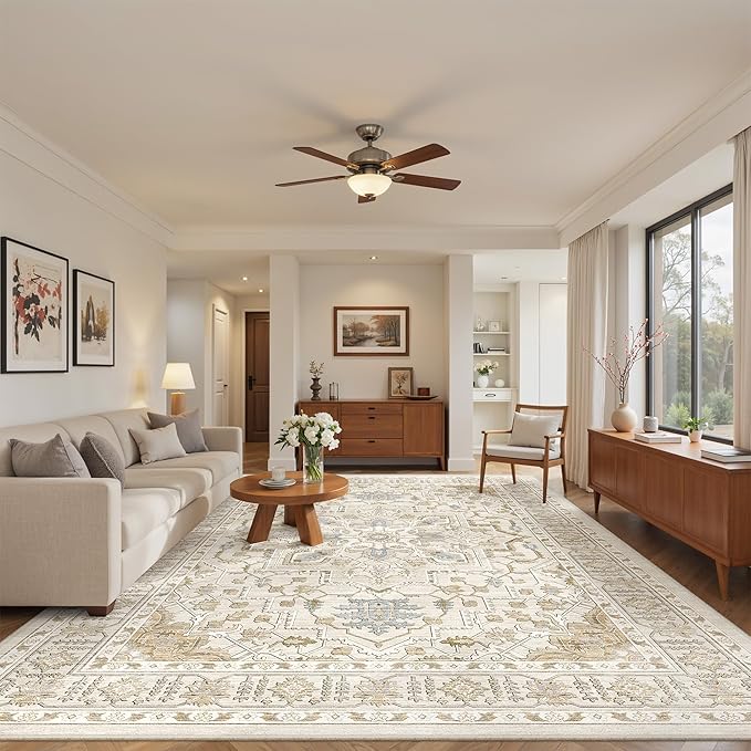 Area Rugs for Living Room - 9x12, Boho Non-Slip Low Pile Carpet Machine Washable Rugs for Bedroom Office, Dining Room (Beige)