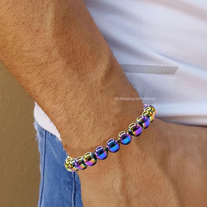 Amazing Gemstone Rainbow Hematite Bracelet, Gifts for Men & Women - Protection Healing Crystal Bracelet - 8mm Gemstone Beaded Adjustable Bracelet, Pulseras para Hombres Mujer Stocking Stuffers