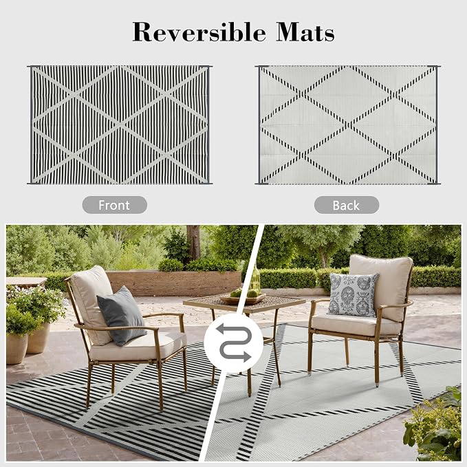 Lahome 6x9 Outdoor Plastic Straw Rug, Plastic Straw Reversible Camping Rug for Tent, Large Weatherproof Outside Carpet for Rv Beach Backyard Balcony Deck, Grey 6'x9'