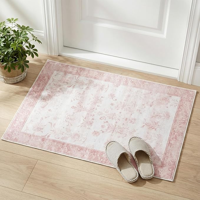 Washable Distressed Area Rug 2'x3' - Non-Slip Silicone Backing Door Mat for Entryway Bathroom - 0.26" Low Pile Water Resistant Faux Wool Rug for Vintage Farmhouse Accent, Pink & White
