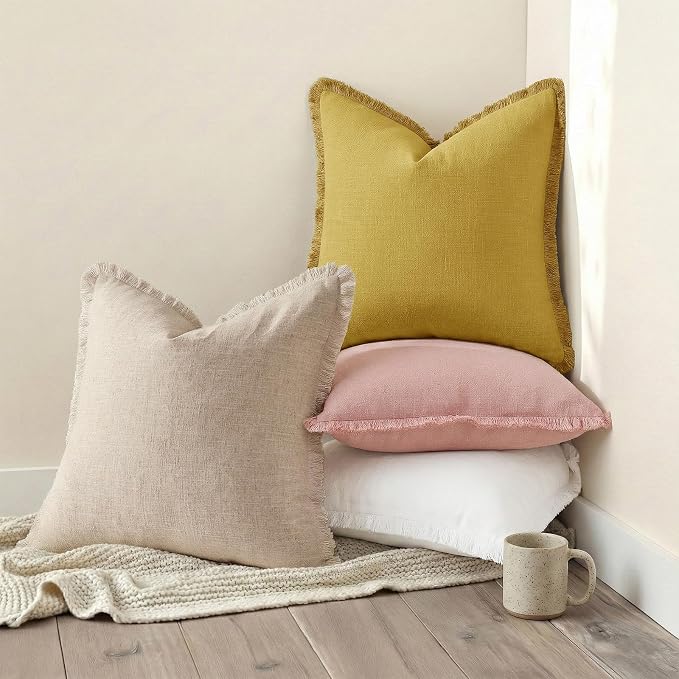 decorUhome Linen Fringe Mustard Yellow Throw Pillow Covers 24x24 Set of 2 | Euro Sham Decorative Soft Accent Modern Boho Farmhouse Cushion Covers with Tassels Cotton Pillow Covers for Couch Bed Sofa