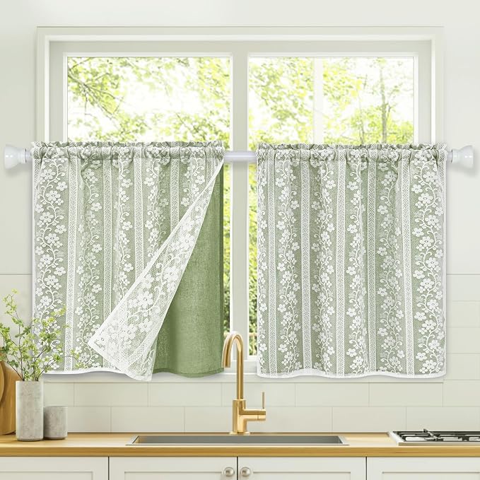 ASPMIZ Linen Kitchen Curtains Double Layer Kitchen Window Curtains Over Sink 24 Inch Sage Green Tier Curtain Light Filtering Rod Pocket Cafe Curtain Short Window Treatments with 2 Tiebacks, 26x24