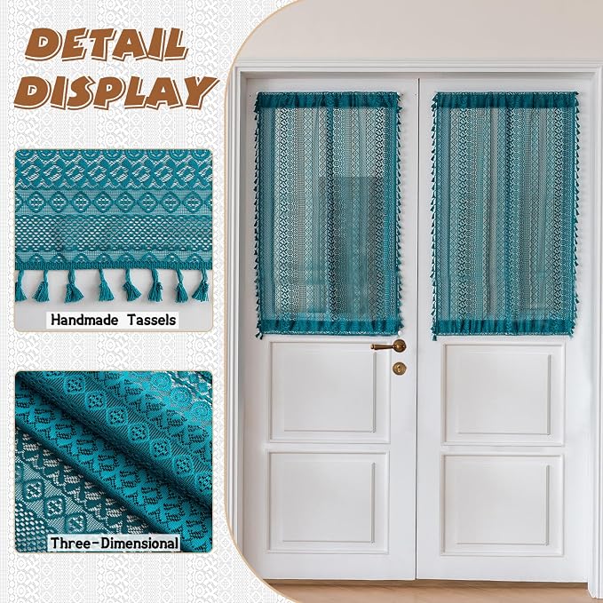 Sutuo Home French Door Curtains for Doorway Glass & Sidelights, Semi Sheer Door Window Curtains for Patio Vintage Chic French Country Tassels Privacy Drapes Rod Pocket 2 Panels 25" W x 40" L Teal
