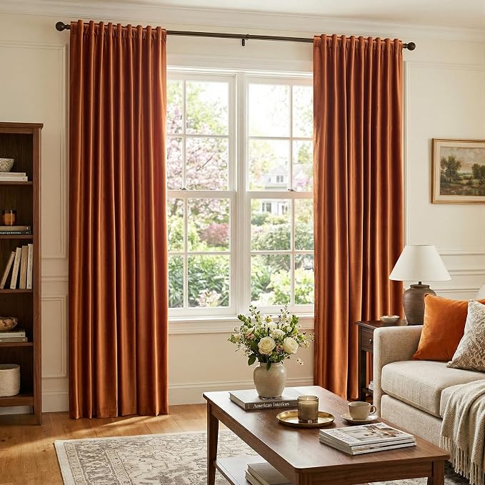 Elegant Orange Velvet Curtains 102 inch Length for Living Room,Luxury 2 Panels Room Darkening Rod Pocket Back Tab Curtain Thermal Insulated Heavy Soundproof Noice Reducing Window Drapes for Bedroom