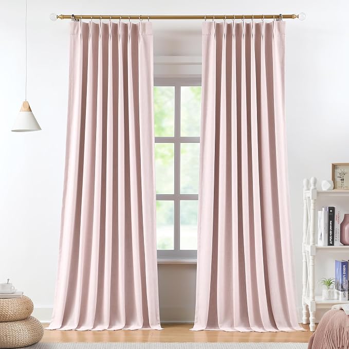 Vision Home Soft Pink Pinch Pleated Full Blackout Curtains Linen Blended Room Darkening Curtain Panels 95 inch for Living Room Bedroom Thermal Insulated Pinch Pleat Drapes with Hooks 8FT 40" Wx95 Lx2