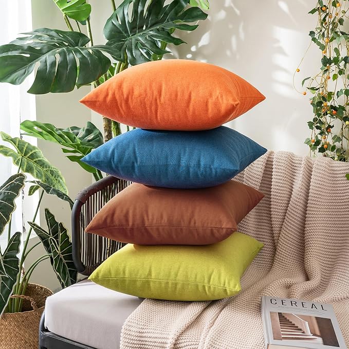 MIULEE Pack of 2 Decorative Outdoor Solid Waterproof Throw Pillow Covers Faux Linen Garden Farmhouse Cushion Cases for Summer Patio Tent Balcony Couch Sofa 12x12 Inch Bright Orange