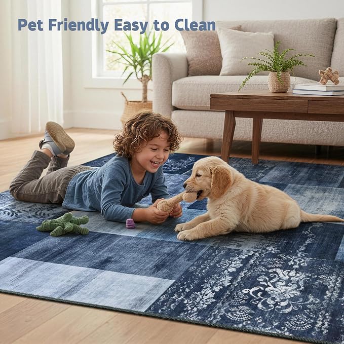 DweIke Washable Area Rugs 8x10 for Living Room, Large Modern Geometric Navy Blue Soft Patchwork Carpet, Non-Slip Stain Resistant Throw Rug for Bedroom Dining Room Office Home Decor