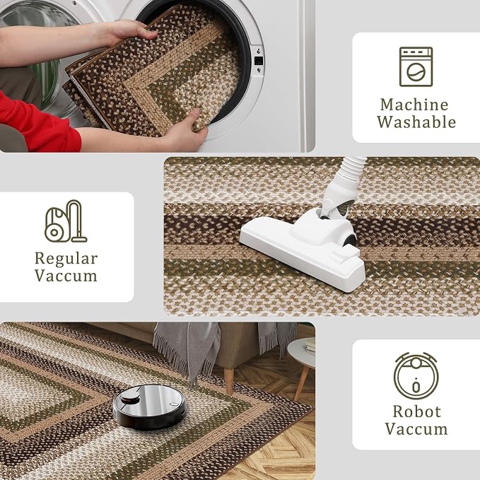 RUGSREAL 9x12 Braided Rug Washable Living Room Rug Modern Braid Printed Large Bedroom Area Rug Non Slip Dining Room Rug with Rubber Backing Farmhouse Accent Carpet for Home Decor Office, Moss/Brown