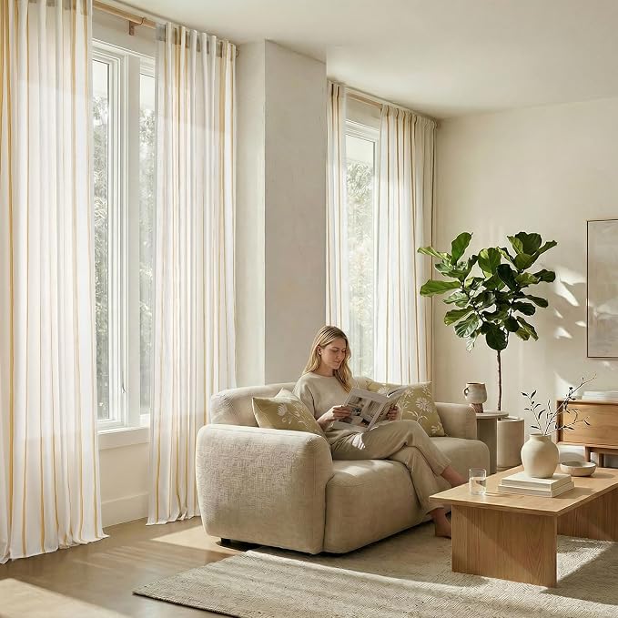 Vangao Striped Curtains Yellow on White Semi Sheer Curtains 96 Inches Long for Living Room Bedroom Modern Farmhouse Linen Textured Light Filtering Drapes 2 Panels Mustard Yellow W50 x L96 Inch
