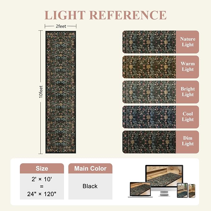 DUKINO 2x10 Runner Rug, Washable Vintage Floral Kitchen Rug, Black | Non Slip, Low Pile, Non-Shedding, Stain Resistant Soft Long Runner Carpet for Hallway, Bathroom, Bedroom, Entryway, Farmhouse