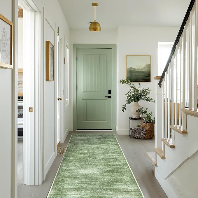 Kitchen Runner Rugs Non Skid Washable Olive Green Low Pile Neutral Rug 3x8 | for Hallways Bedroom Laundry Room, Abstract Minimalist Boho, Low Pile Floor Protector Carpet, Hunter Green, with Foldable