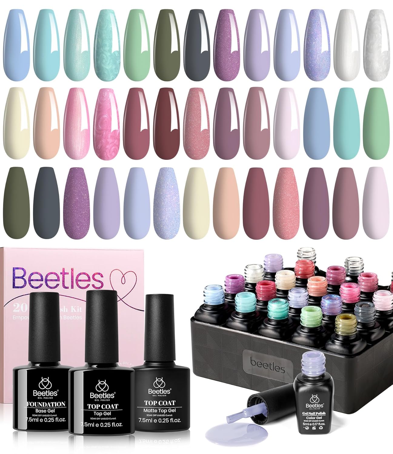 Beetles Neutral Gel Nail Polish Set – Healing Elixir Gel Nail Polish Kit, 20 Colors Pink Blue White Green Pearl with Base Coat Matte Glossy Top Coat for DIY Manicure Gift for Women