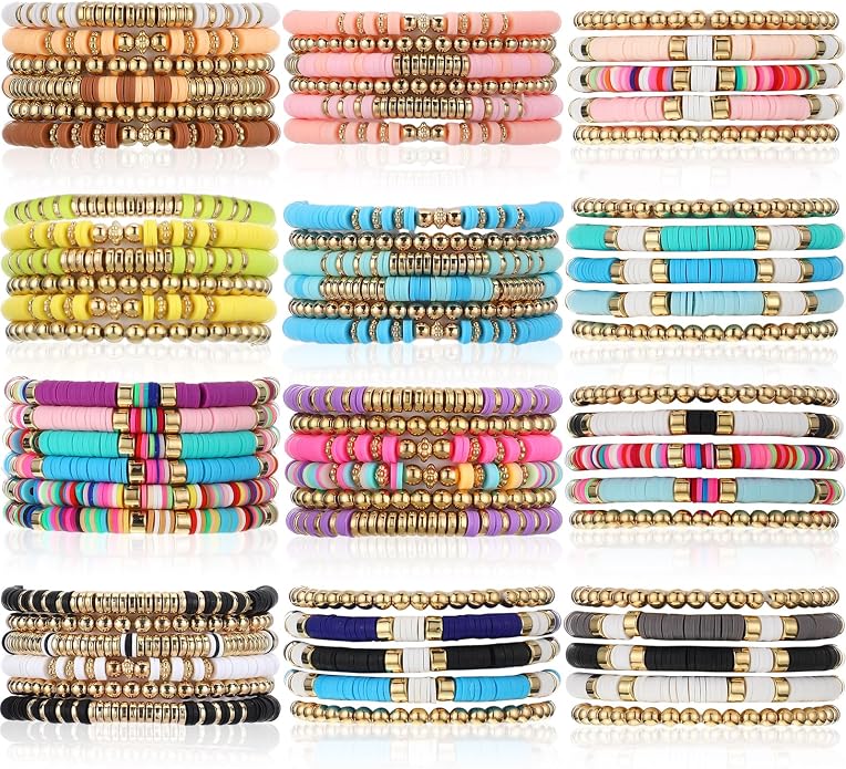 Yinkin 67 Pcs Surfer Heishi Clay Bead Bracelets for Women Handmade Beaded Bracelets Colorful Beaded Bracelets Elastic Boho Jewelry Beach Friendship Stretch Bracelet Set for Girls Teen