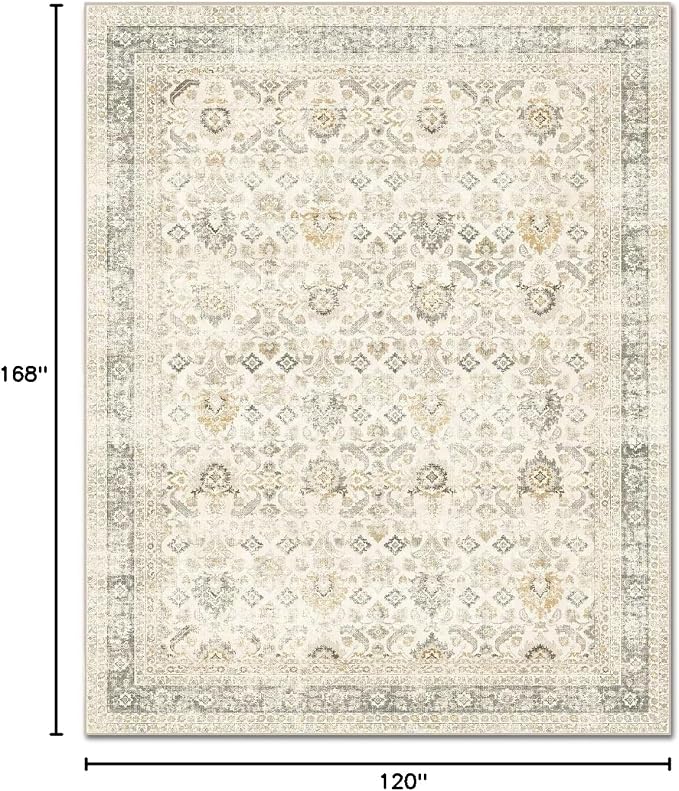 Boho Washable 10x14 Area Rugs for Living Room, Cushioned, Beige/Grey | Vintage Non-slip Neutral Oriental Rugs for Bedroom Dining Room Nursery Office High Traffic Area