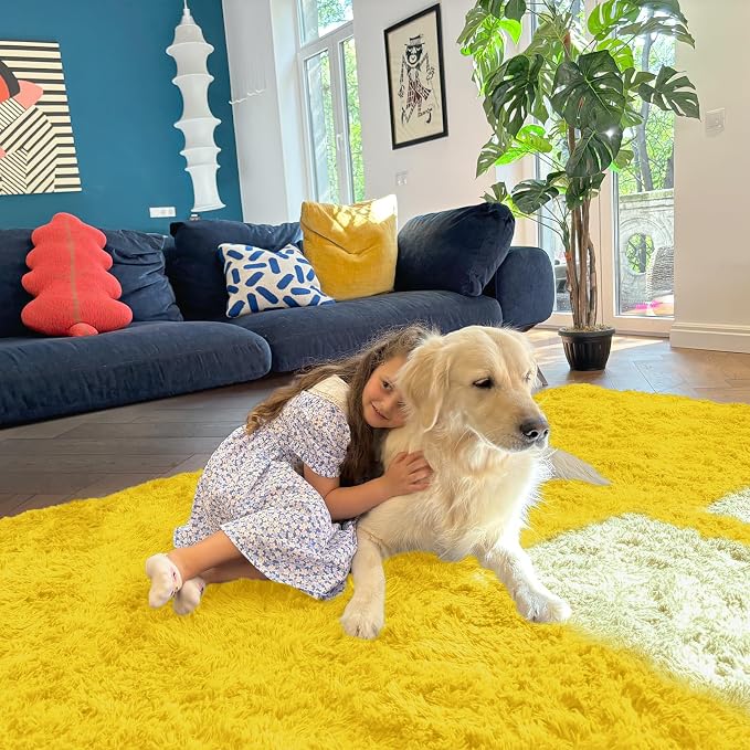 OLANLY 9x12 Machine Washable Large Area Rugs for Living Room, Bedroom, Soft Fluffy Shaggy Bedside Rug, Indoor Floor Carpet for Kids Girls and Boys, Dorms, Nursery, Home Decor Aesthetic, Yellow