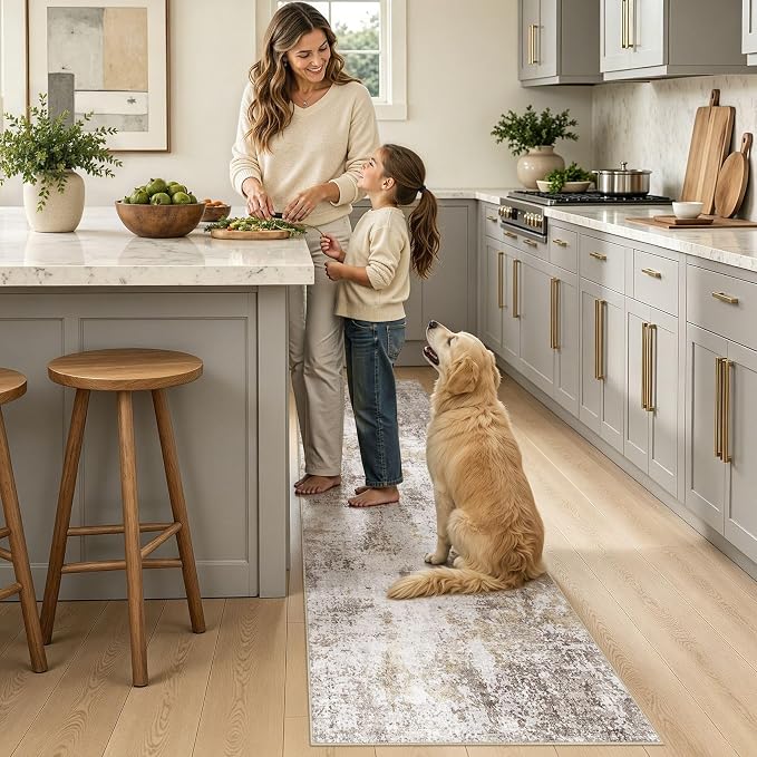 Machine Washable Runner Rug 2x6, Non Slip Soft Rug for Hallway | Modern Abstract Carpet, Stain Resistant and Pet Friendly, Joint-Friendly Indoor Rug, Made for Kitchen, Bathroom - Gold Brown
