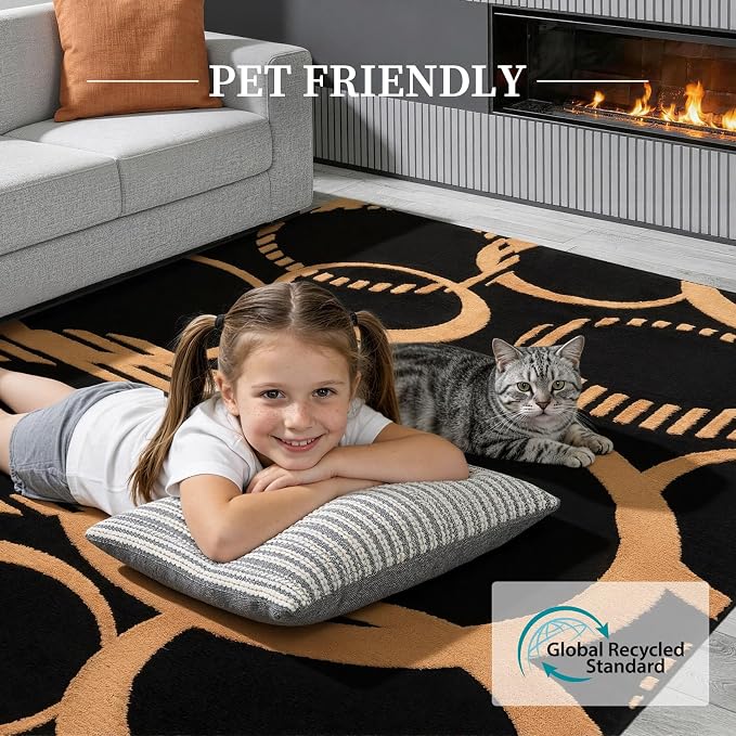YIHOUSE Black and Gold 8x10 Area Rugs for Living Room Washable | 3D Textured Rug for Bedroom Non Slip, High and Low Pile, Soft Modern Carpet for Dining Room Playroom Home Office Decor