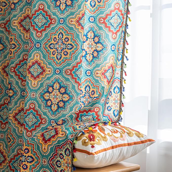 Turquoise Blue Boho Curtains 72 Inches Long, Colorful Medallion Farmhouse Light Filtering Rod Pocket Drapes with Tassel Trim for Bedroom Living Room, 2 Panels