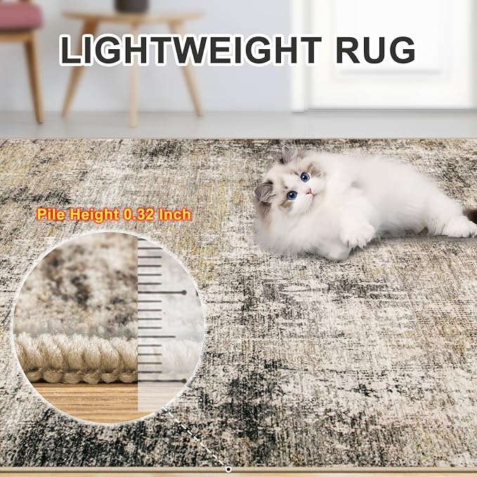 Area Rugs 10x14 Living Room - Washable Rug Modern Abstract Soft Large Neutral Non-Slip Carpet Indoor Floor Thin Carpets for Bedroom Dining Room Farmhouse Nursery Home Office Brown Black Grey