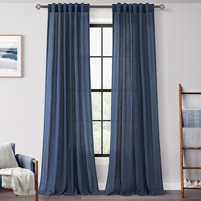 Navy Blue Curtains 102 inch Length for Bedroom Back Tab Light Filtering Semi Sheer Blue Living Room Curtains Linen Cotton Textured Indigo Blue Drapery Panel Modern Aesthetic Decor 42" Wx102" L