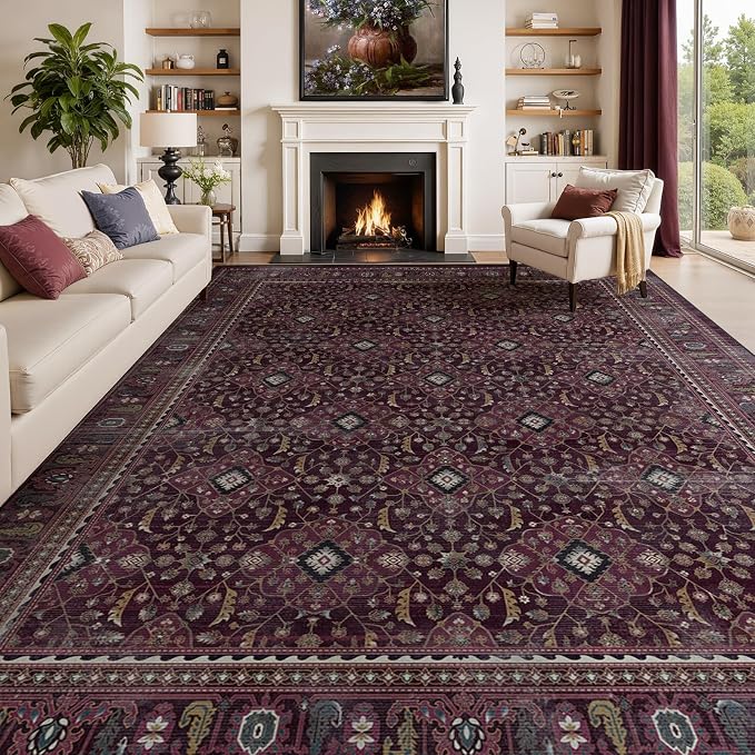 Fig 9x12 Rugs for Living Room, Earth Tone Dark Academia Bedroom Rug with Vintage Boho Floral Trellis Pattern, Non Slip Washable Low Pile Thin Carpet Rug for Dining Room/Guest Room/Family Room