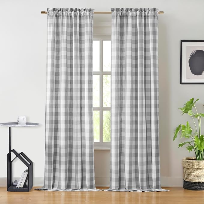 Buffalo Plaid Checkered Grey White Window Curtain Panels 84 Inches Length,Semi Sheer Drapes,Gingham Rod Pocket Window Treatment for Bedroom Living Room,2 Panels,40"x84",Gray | Semi Sheer Drapes,Gingham Rod Pocket Window Treatment for Bedroom Living Roo...