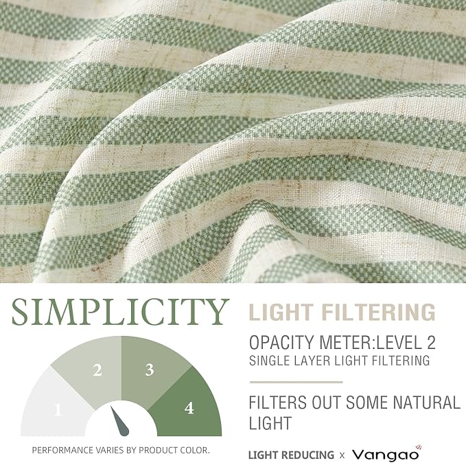 Vangao Green Stripe Linen Tiers Curtains 24 Inch Farmhouse 2 Panels | Light Filtering, Semi Sheer, for Kitchen, Living room, Tickingstripe Drapes, Pinstripe, Window Treatments