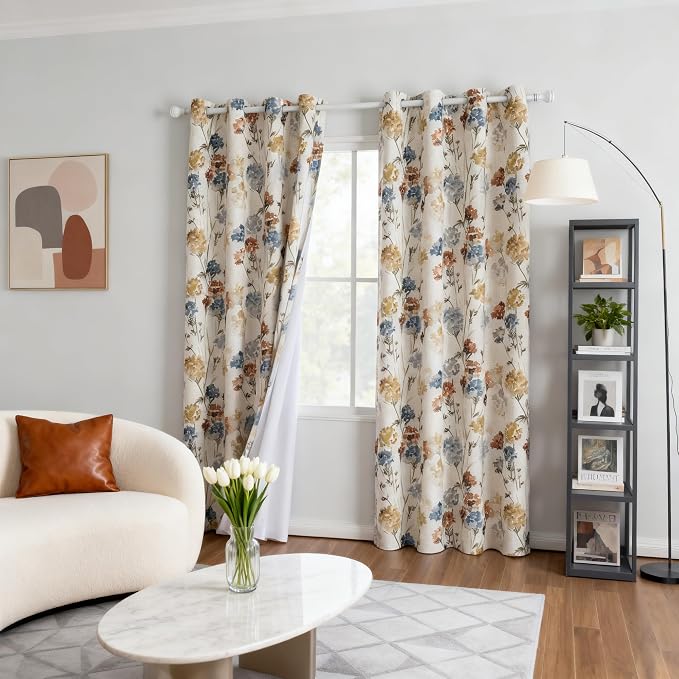 MYSKY HOME 100% Blackout Linen Floral Curtains 90 Inch Long 2 Panels Farmhouse Pattern Printed Double Layer Thermal Insulated Soundproof Drapes for Living/Dining Room, Yellow, 52" Wide Each Panel