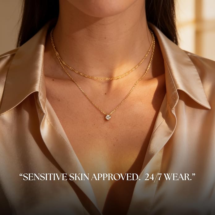 Galis Dainty Necklace - Silver, Gold Plated 18" Choker for Women with Dainty Small Round Faux Diamond Necklace Pendant, Necklaces Women with CZ Solitaire Lobster Clasp, Minimalist Gift