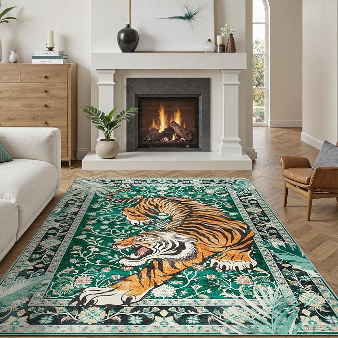 DCX Washable 6x9 Tiger Area Rug, Green Vintage Animal Rug for Living Room, Soft Low Pile Carpet, Kid & Pet Friendly with Rubber Back Non Slip, Stain Resistant Rug for Bedroom Dining Room Office
