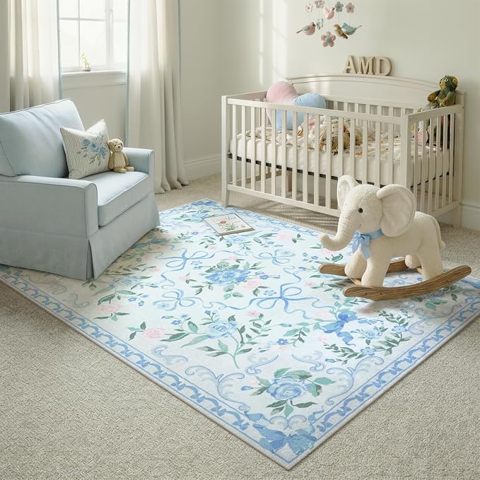 Collive Blue Floral Rugs for Girls, 5x7 Washable Bow Area Rug for Living Room, Cute Ultra-Thin Non Slip Indoor Decor Carpet for Nursery Kids Room Bedroom Playroom (Blue 5' x 7')