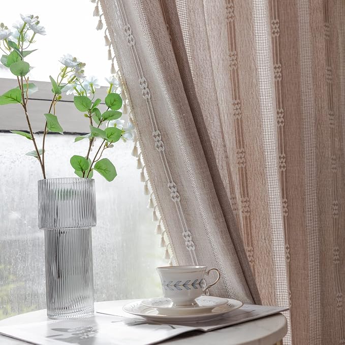 Linen Curtains 84 Inches Long - Embroidery Striped Farmhouse for Living Room, Tassel Boho for Bedroom, Light Filtering 2 Panels Set Rod Pocket Drapes (52" W x 84" L, Khaki)