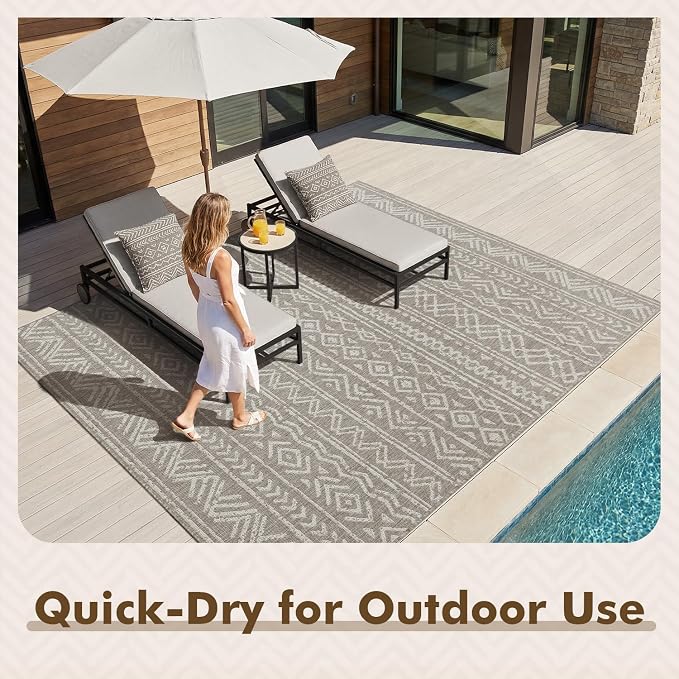 MontVoo-Outdoor Rug-Patio Rug 8x10 Polypropylene Indoor Outdoor Rugs Outdoor Carpet for Patio Deck Balcony Porch, Textured Weave, Durable for High Traffic, Fade-Resistant, Boho Farmhouse Silver Grey