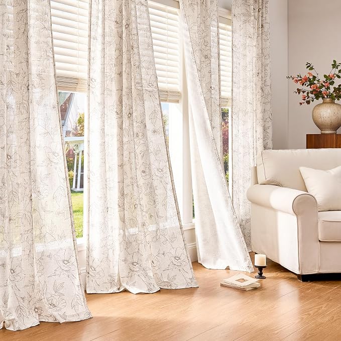 jinchan Linen Floral Curtains for Living Room 84 Inch Length Taupe Flower Curtain Rod Pocket Back Tab Farmhouse Curtains with Printed Floral Bedroom Window Curtain Set, 2 Panels Taupe
