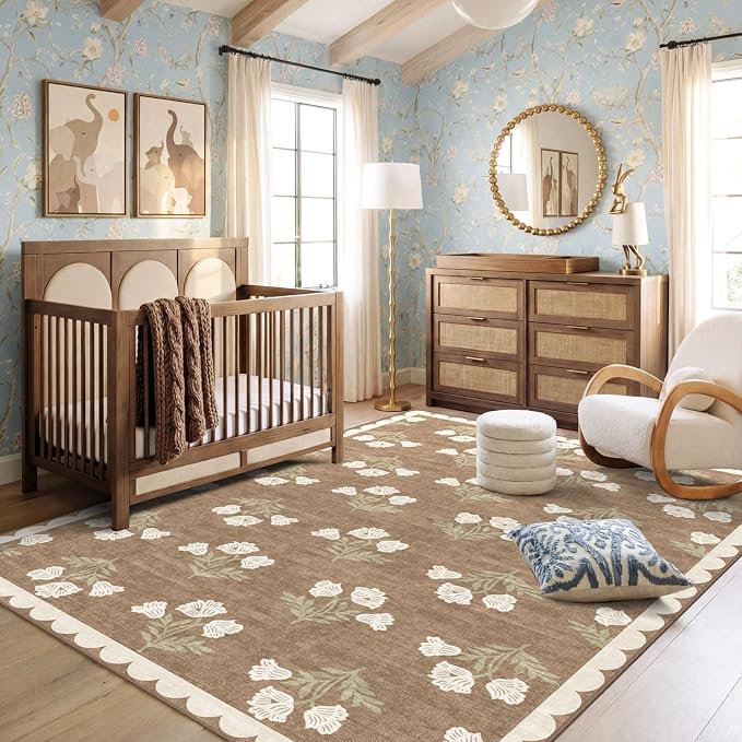 Boho 5x8 Living Room Rug - Tan Soft Washable Floral Scalloped Bedroom Area Rug Stain Resistant Dining Room Rugs for Under Table Non Slip Vintage Farmhouse Rugs for Living Room Nursery Carpet