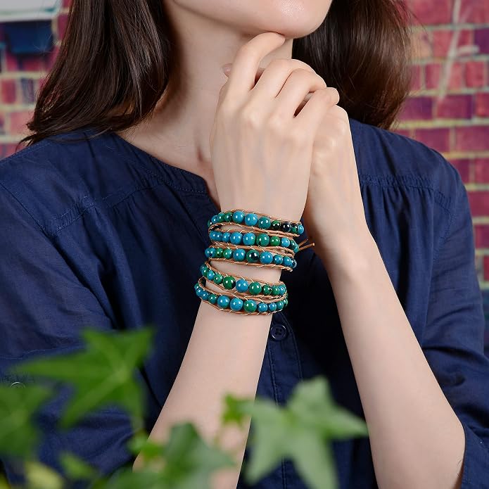 MGR MY GEMS ROCK! 35-Inch Long Multi-Layer Hand Crafted Gemstone and Crystal Multi-Stone Beaded on Genuine Leather Boho Style Stackable Super Wrap Bracelet, up to 5 Wraps.