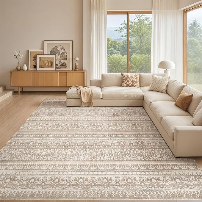 Tortania Area Rug Living Room Rugs - 10x12 Washable Large Soft Neutral Boho Moroccan Bohemian Farmhouse Rug Indoor Floor Carpet for Bedroom Under Dining Table Home Office Decor - Light Brown