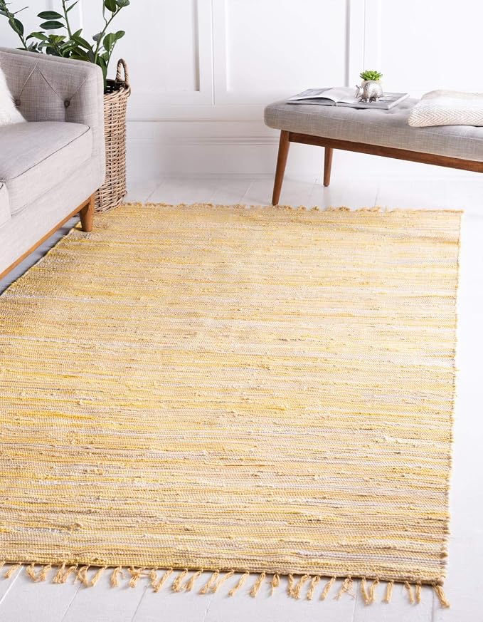 Unique Loom Chindi Cotton Collection Soft Hand Woven Natural Fiber Striped Area Rug, 9 ft x 12 ft, Yellow/Ivory