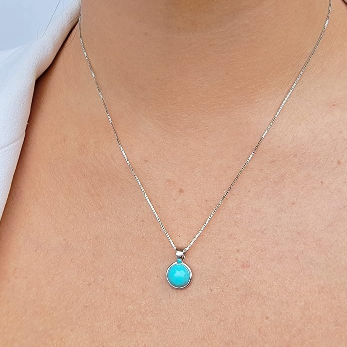 Natural gemstone 8mm round pendant with white gold over 925 sterling silver bezel cabochon plate and box chain, real genuine dainty birthstone gift for her, uniquelan jewelry