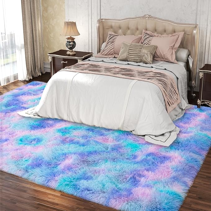Dssimo Cute Furry Purple Rainbow Rugs for Bedroom Girls Room Decor | Upgrade Non-Slip Large 8x10 Area Rugs for Kid Room, Playroom Nursery Dorm Home Decor, Plush Mermaid Kawaii Rug Fluffy Carpet
