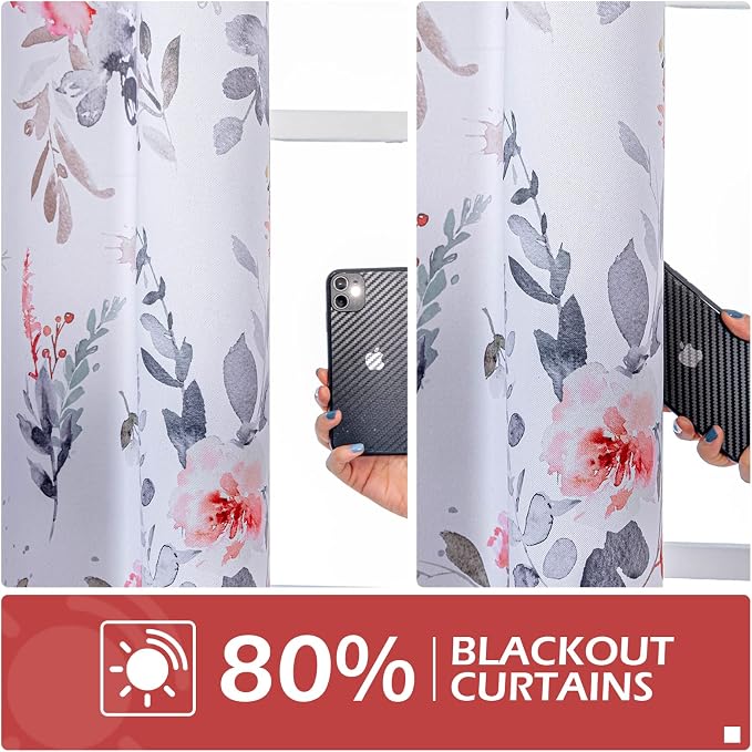 MYSKY HOME Floral Curtains 95 inches Long for Living Room Room Darkening Curtains Thermal Insulated Energy Saving Window Curtains for Bedroom Dining Room, 2 Panels, Red and Grey